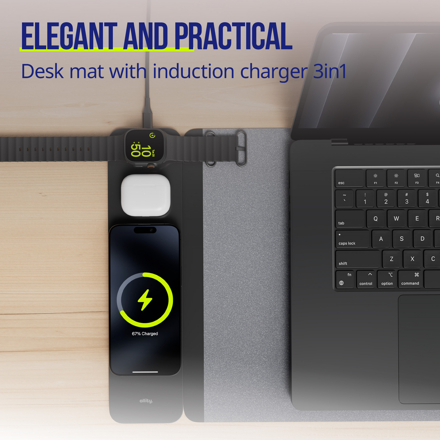 MousePad Allity. ALP-100 4u1 s Bežičnim Punjenjem Telefon / Sat / Slušalice, Crna