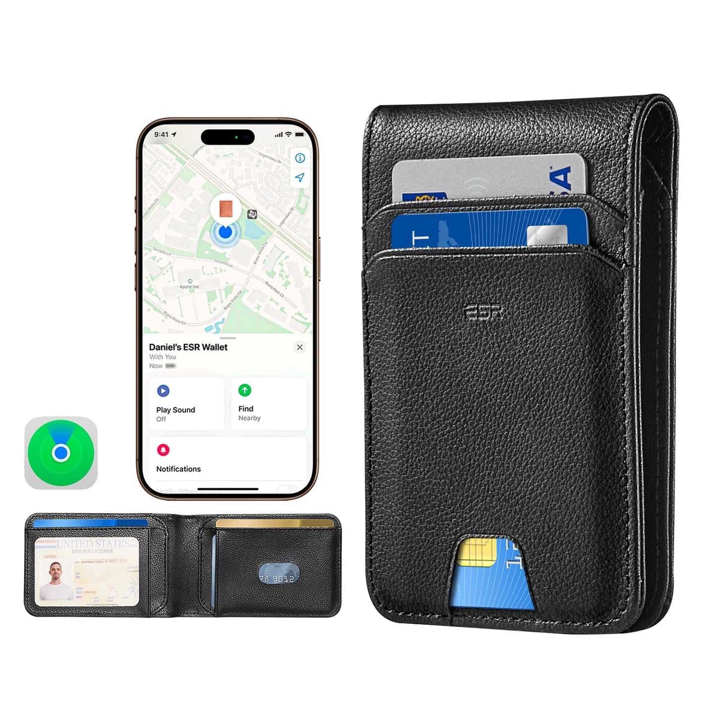 ESR Classic Geo novčanik s funkcijom Find My i RFID zaštitom, Crni, Obnovljen