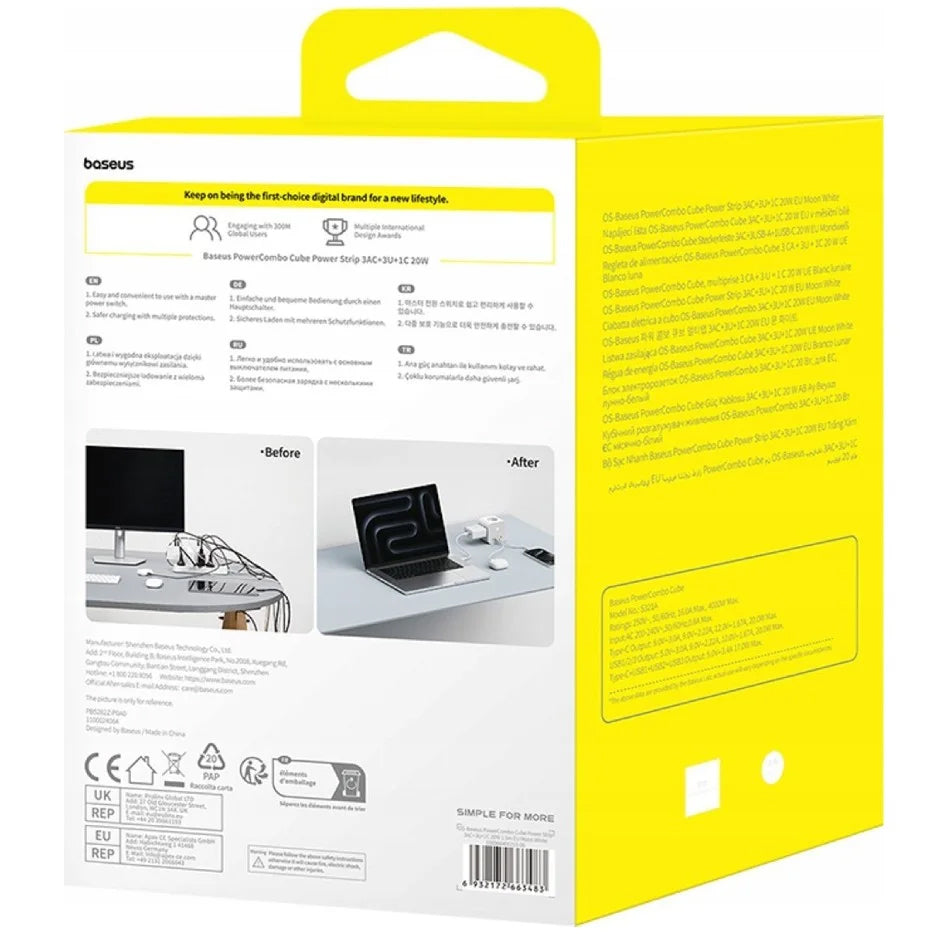 Produžni kabel Baseus PowerCombo 7in1, 20W, 3A, 3 x USB-A - 1 x USB-C - 3 x Schuko, Bijeli E00066401213-00
