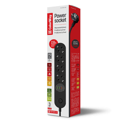 Produžni kabel ColorWay, 4 x Schuko, Crni