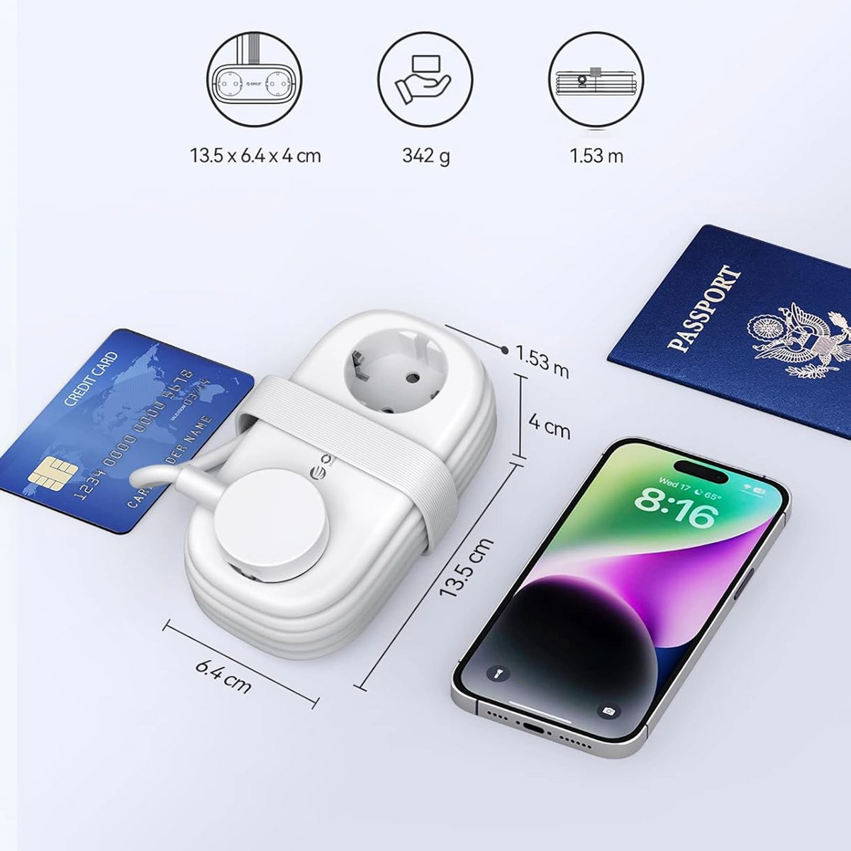 Produžni kabel Orico AP3, 2 x Schuko - 2 x USB-A - 2 x USB-C, Bijela