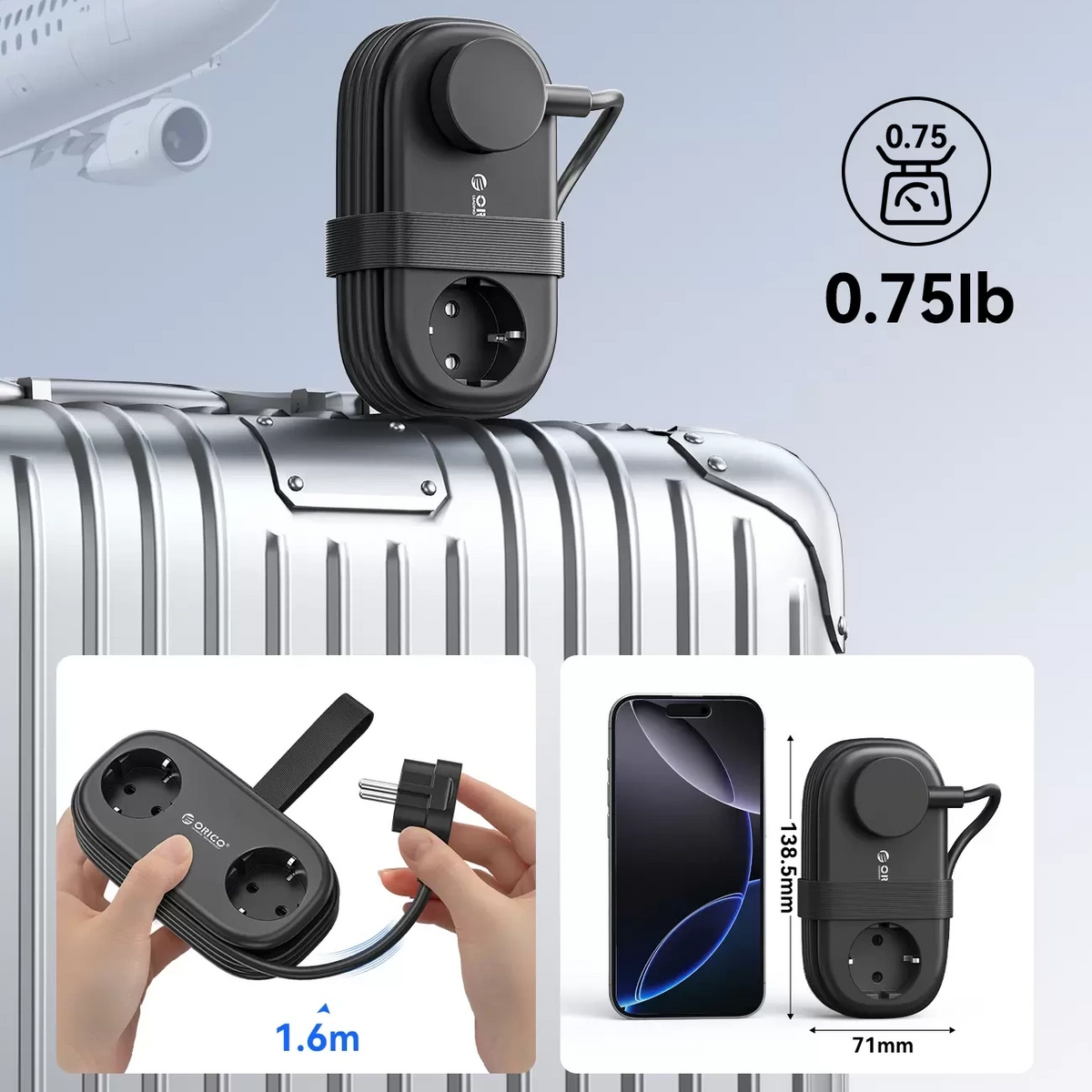 Produžni kabel Orico AP3, 2 x Schuko - 2 x USB-A - 2 x USB-C, Crni