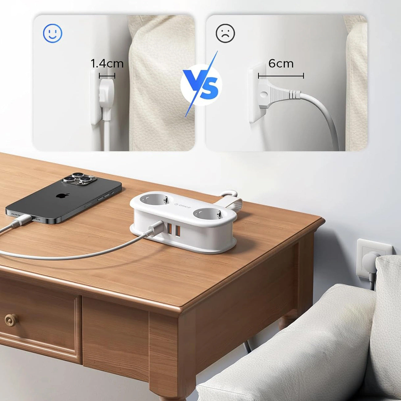 Produžni kabel Orico APP, 2 x Schuko - 2 x USB-A - 1 x USB-C, Bijela