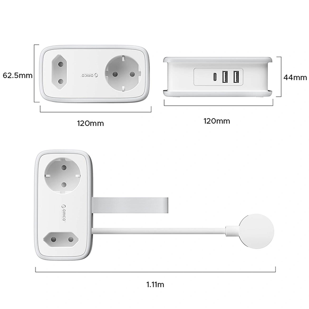 Produžni kabel Orico APP, 1 x Schuko - 1 x Utičnica - 2 x USB-A - 1 x USB-C, Bijelo Siva