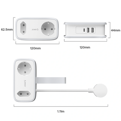 Produžni kabel Orico APP, 1 x Schuko - 1 x Utičnica - 2 x USB-A - 1 x USB-C, Bijelo Siva