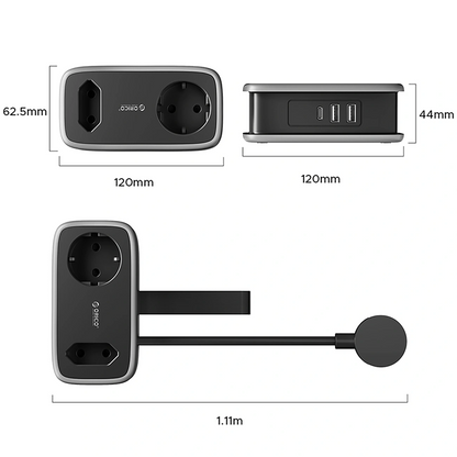 Produžni kabel Orico APP, 1 x Schuko - 1 x Utičnica - 2 x USB-A - 1 x USB-C, Crno Sivo