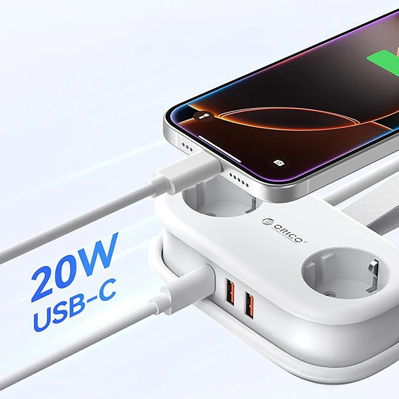 Produžni kabel Orico APP, 2 x Schuko - 2 x USB-A - 1 x USB-C, Bijela