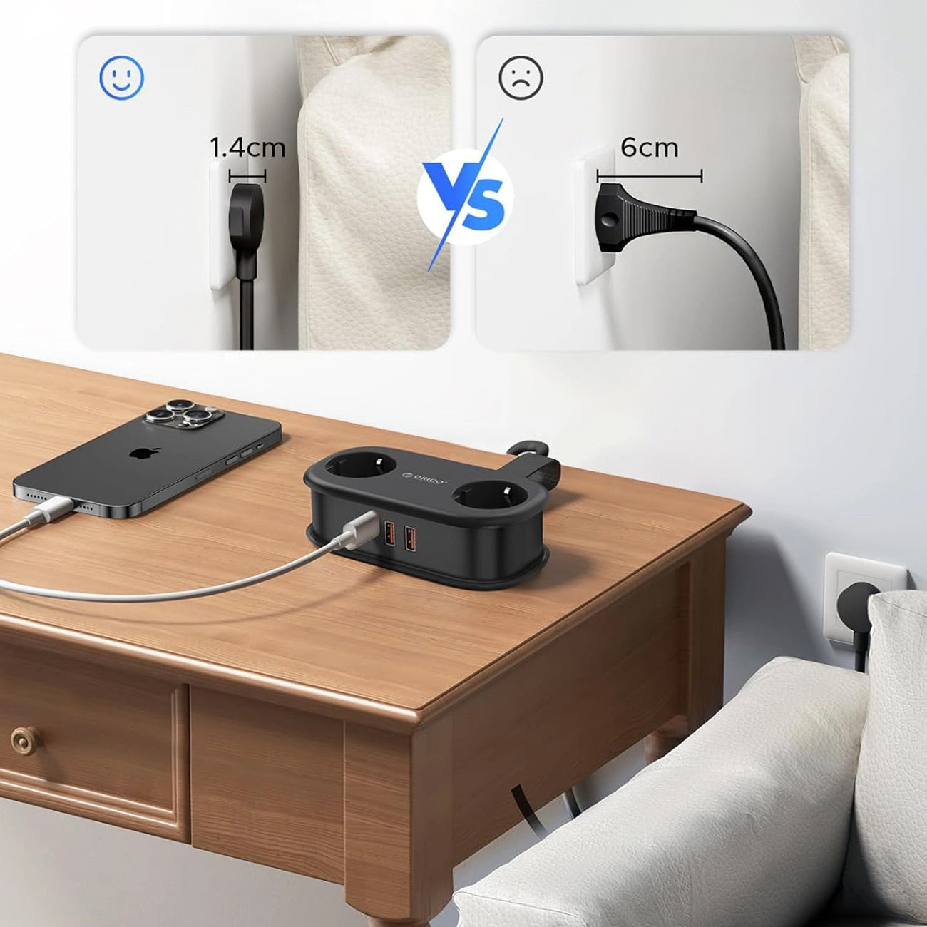 Produžni kabel Orico APP, 2 x Schuko - 2 x USB-A - 1 x USB-C, Crni