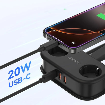 Produžni kabel Orico APP, 2 x Schuko - 2 x USB-A - 1 x USB-C, Crni