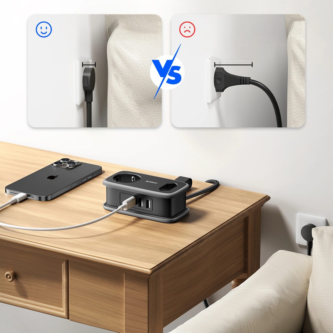 Produžni kabel Orico APP, 1 x Schuko - 1 x Utičnica - 2 x USB-A - 1 x USB-C, Crno Sivo