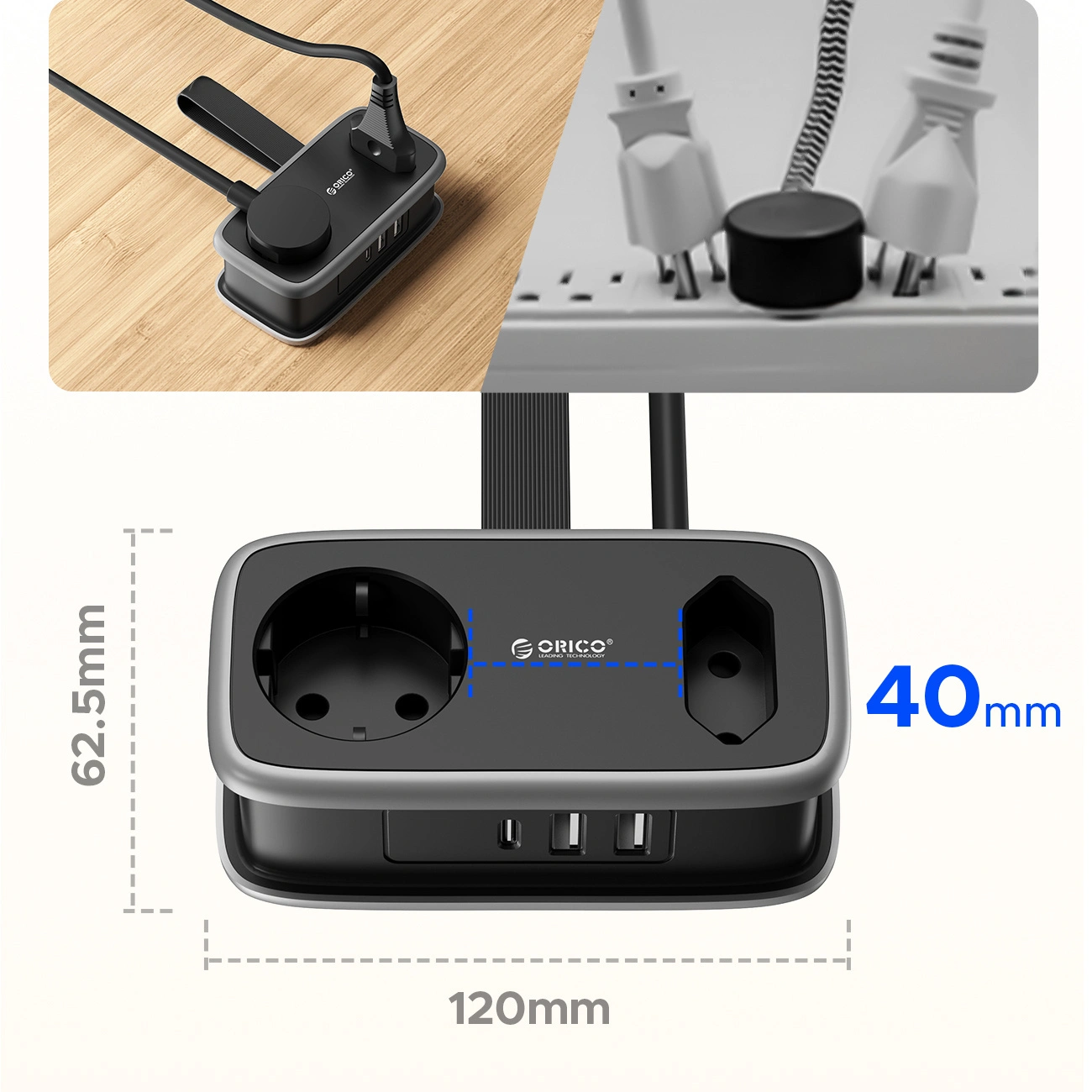 Produžni kabel Orico APP, 1 x Schuko - 1 x Utičnica - 2 x USB-A - 1 x USB-C, Crno Sivo