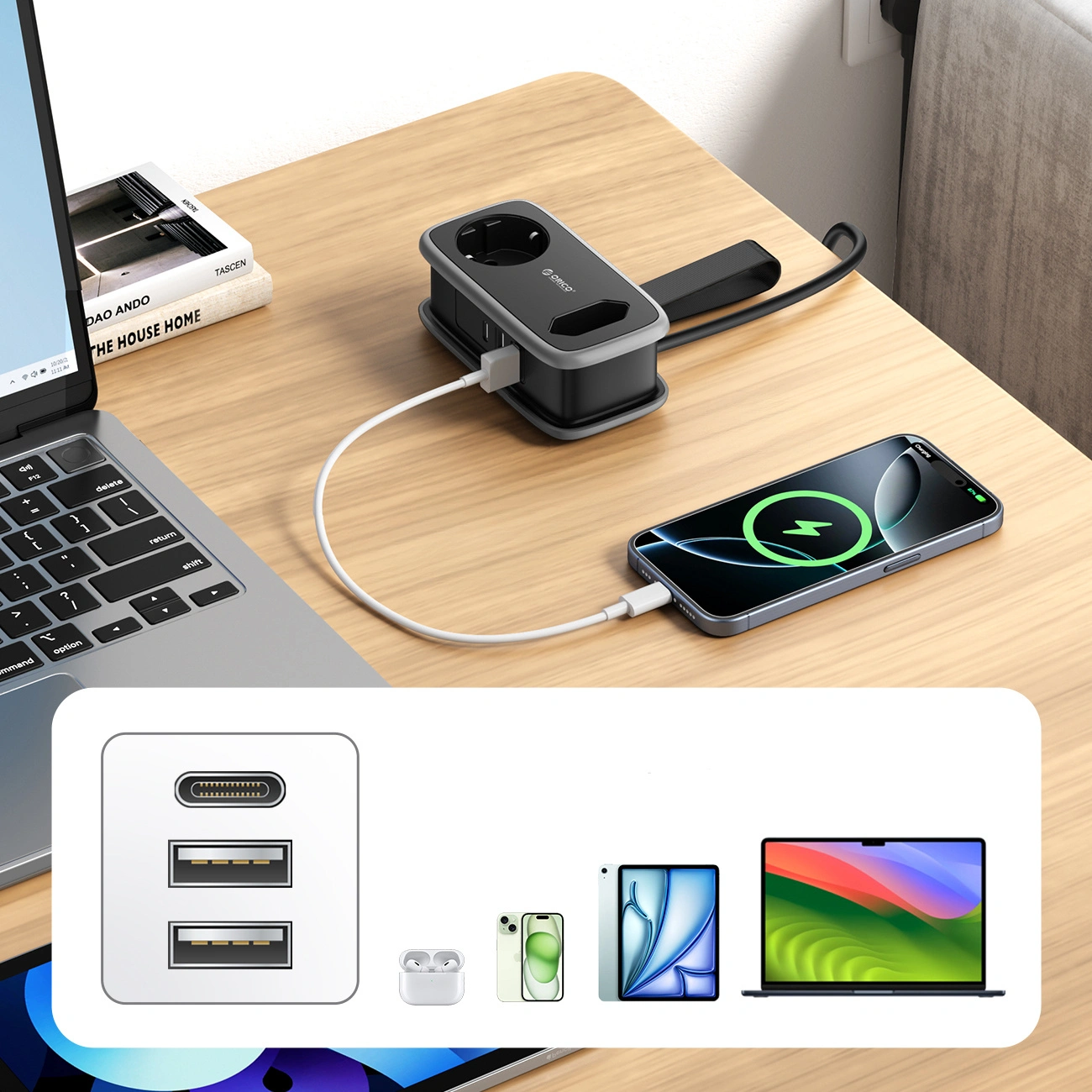 Produžni kabel Orico APP, 1 x Schuko - 1 x Utičnica - 2 x USB-A - 1 x USB-C, Crno Sivo