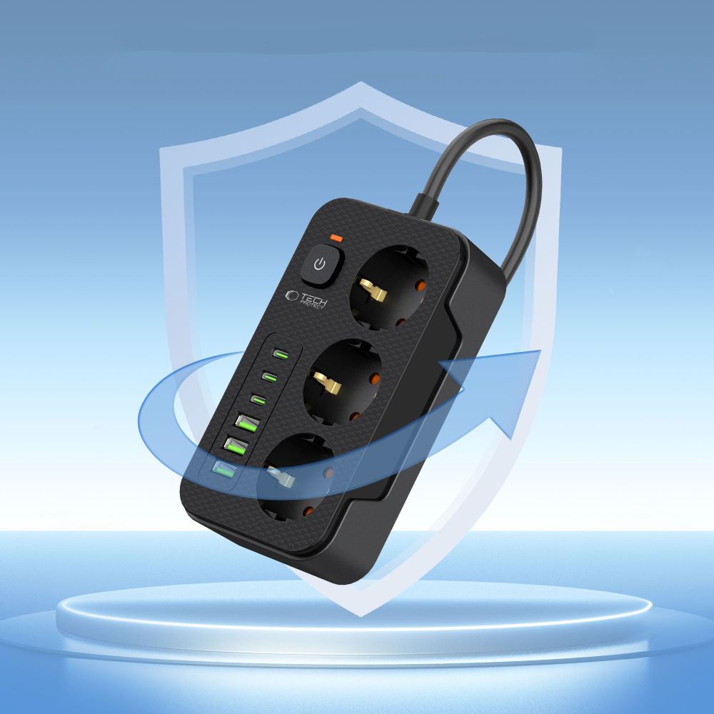 Produžni kabel Tech-Protect PC3X6, 3 x Schuko, Crni