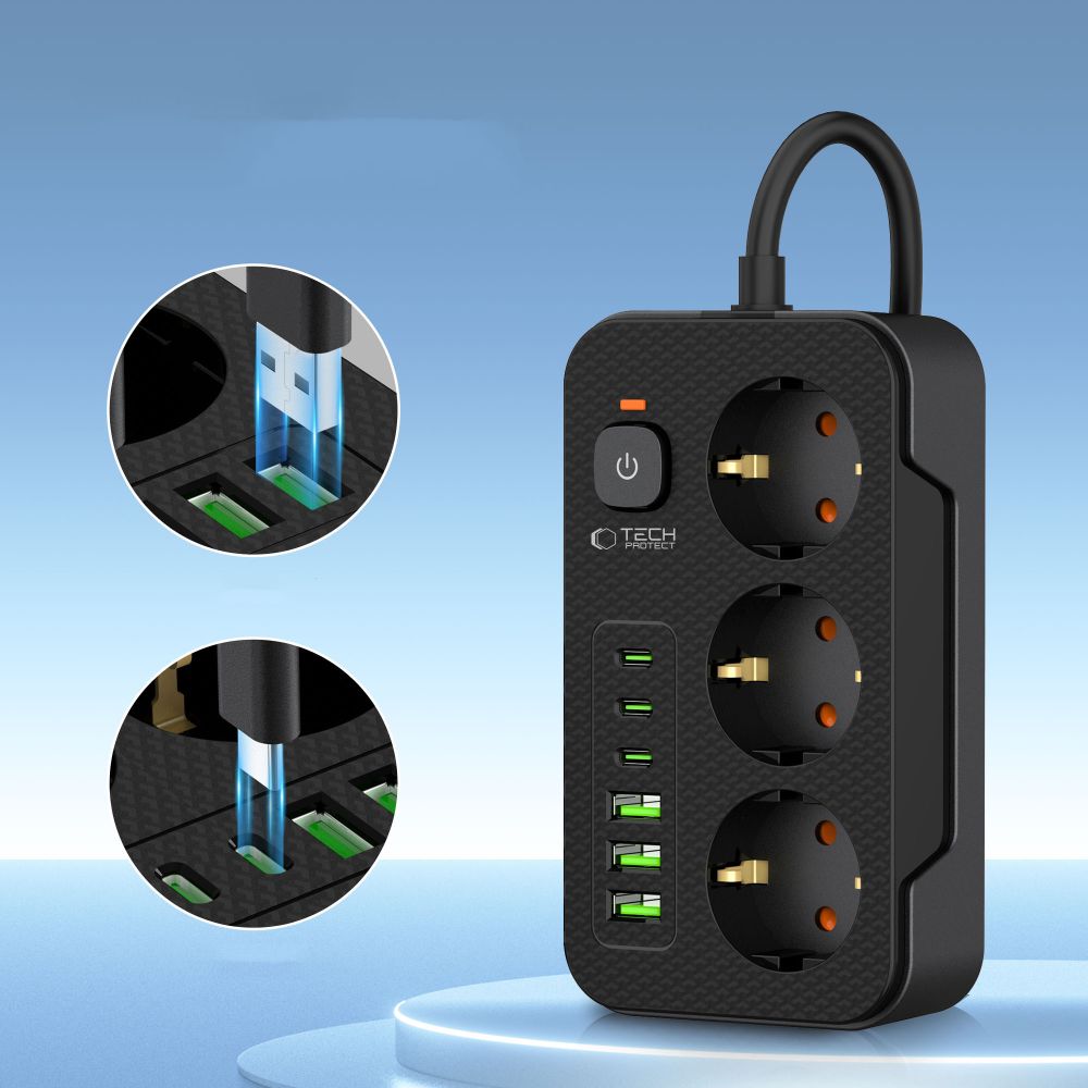 Produžni kabel Tech-Protect PC3X6, 3 x Schuko, Crni