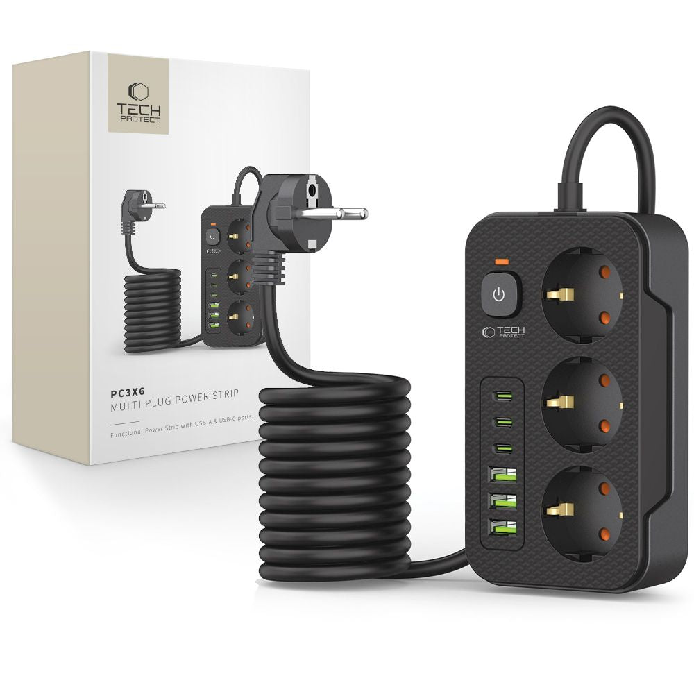 Produžni kabel Tech-Protect PC3X6, 3 x Schuko, Crni