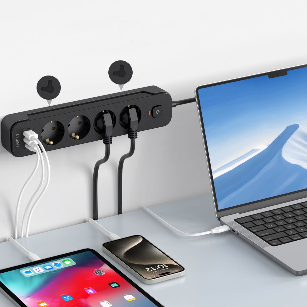 Produžni kabel Tech-Protect PCL4X3, 10.5W, 2.1A, 2 x USB-A - 1 x USB-C - 4 x Schuko, Crni