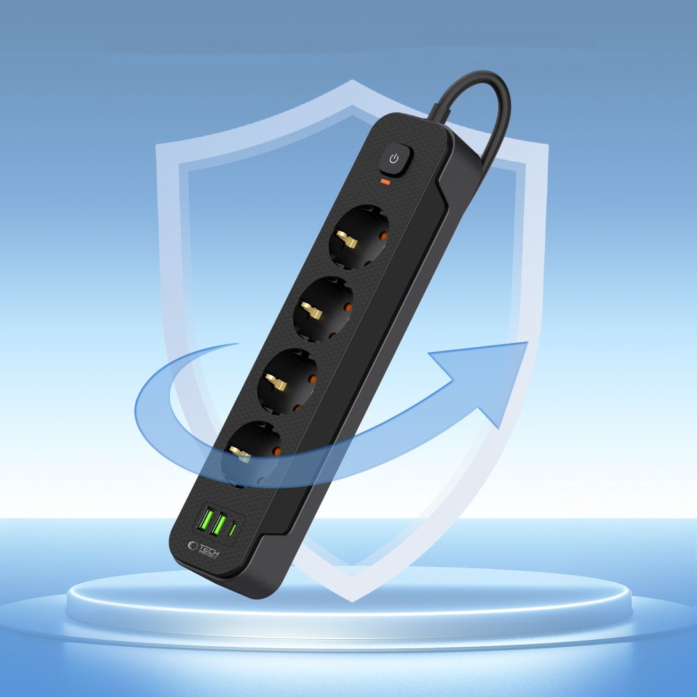 Produžni kabel Tech-Protect PCL4X3, 10.5W, 2.1A, 2 x USB-A - 1 x USB-C - 4 x Schuko, Crni