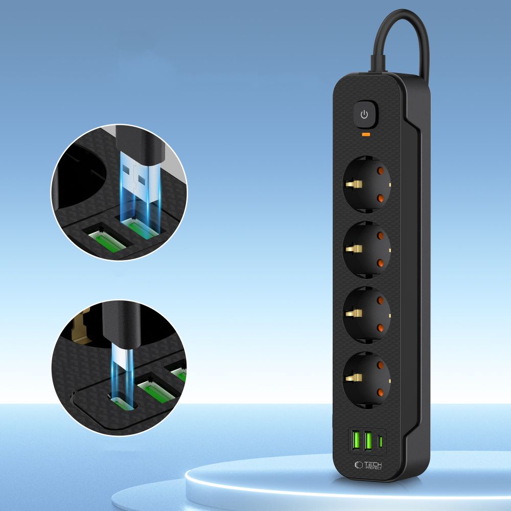 Produžni kabel Tech-Protect PCL4X3, 10.5W, 2.1A, 2 x USB-A - 1 x USB-C - 4 x Schuko, Crni