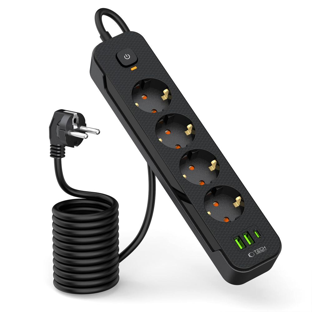 Produžni kabel Tech-Protect PCL4X3, 10.5W, 2.1A, 2 x USB-A - 1 x USB-C - 4 x Schuko, Crni
