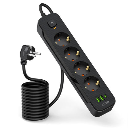 Produžni kabel Tech-Protect PCL4X3, 10.5W, 2.1A, 2 x USB-A - 1 x USB-C - 4 x Schuko, Crni