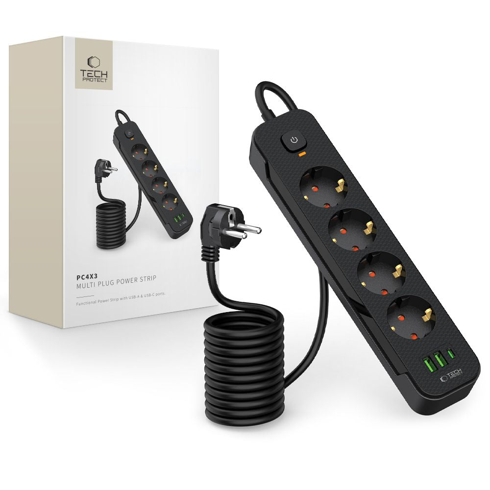 Produžni kabel Tech-Protect PCL4X3, 10.5W, 2.1A, 2 x USB-A - 1 x USB-C - 4 x Schuko, Crni