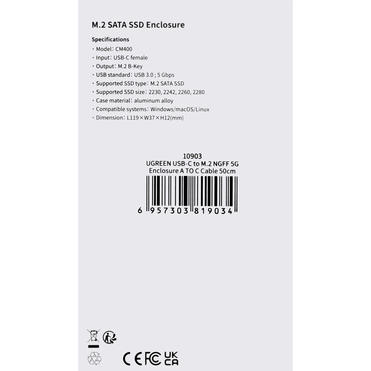 Rack UGREEN CM400 za SSD SATA M.2 NGFF, Sivi