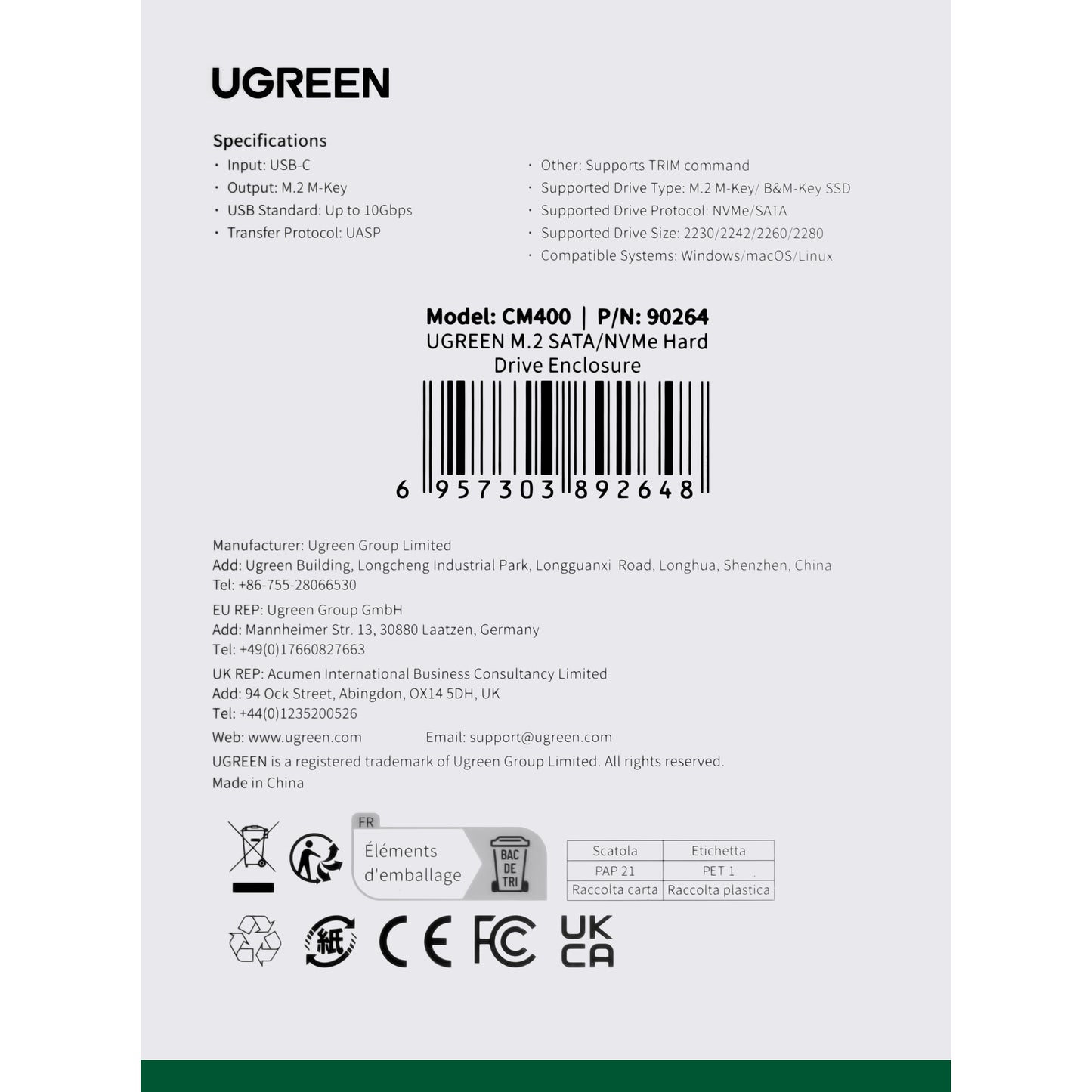 Nosilac UGREEN CM400 za SSD SATA M.2 NVMe, Sivi