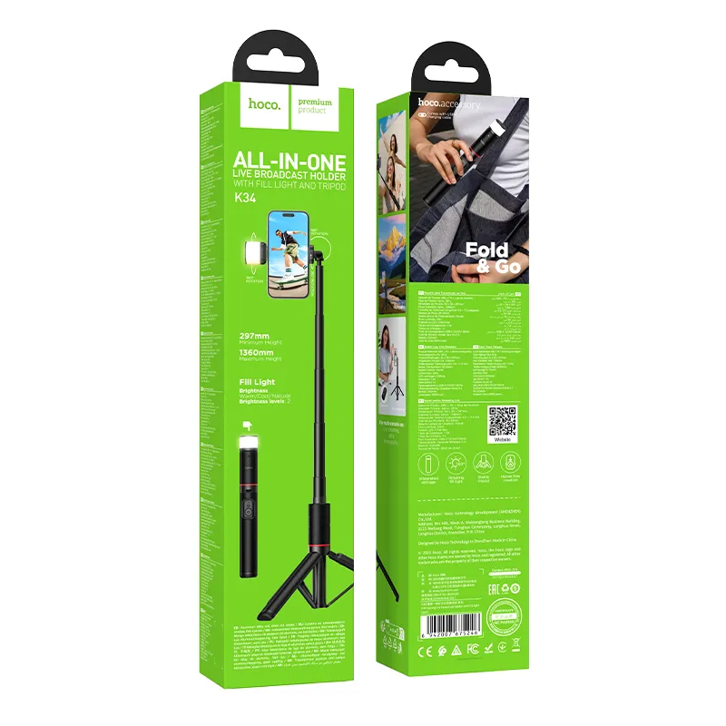 Selfie Stick Bluetooth HOCO K34, 4.5inch - 7inch, Crna