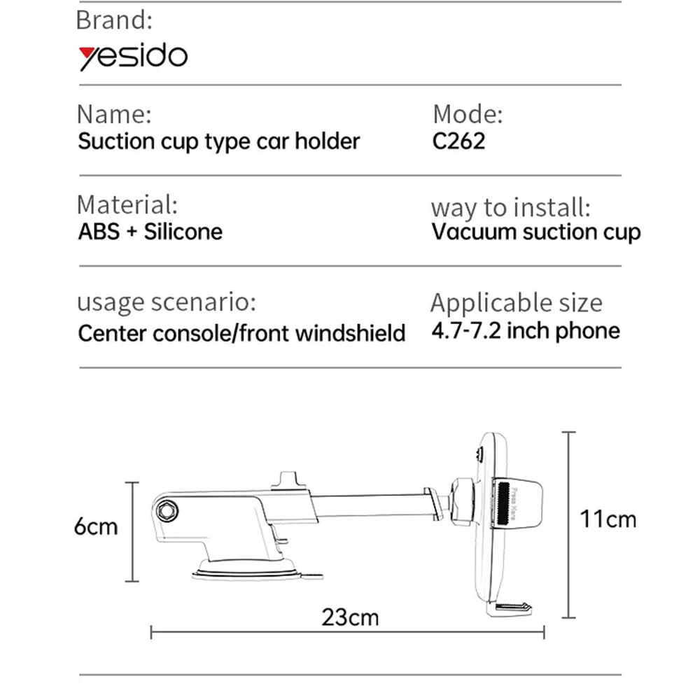 Auto nosač Yesido C262, 4.7inch - 7.2inch, Crni