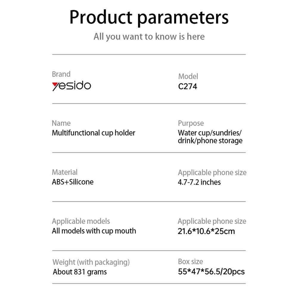Auto nosač Yesido C274, 4.7inch - 7.2inch, Crni