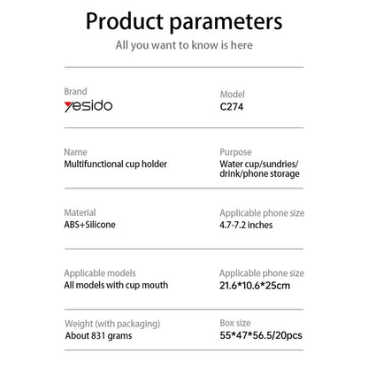 Auto nosač Yesido C274, 4.7inch - 7.2inch, Crni
