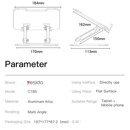 Stalak za stol Yesido C185, 4.5inch - 13inch, Srebrni