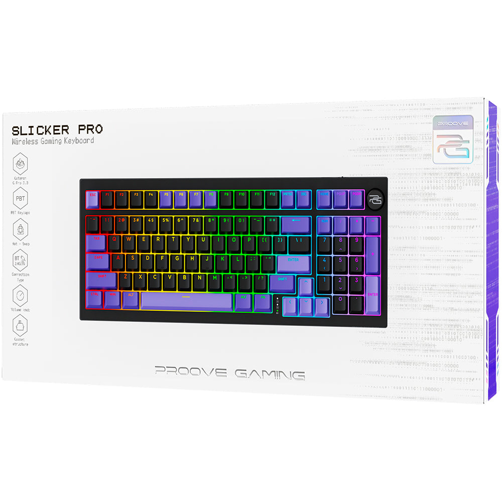 Bežična gaming tipkovnica Proove Slicker Pro, RGB, BT / Wi-Fi / Žičana, 1.8m, Crna WKSLPEN22416