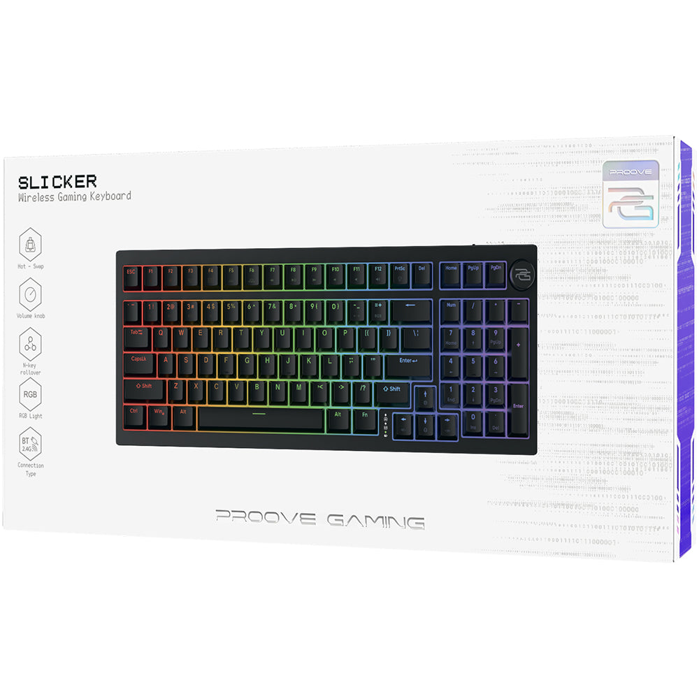 Bežična gaming tipkovnica Proove Slicker, RGB, BT / Wi-Fi / Žičana, 1.8m, Crna WKSLEN00022401